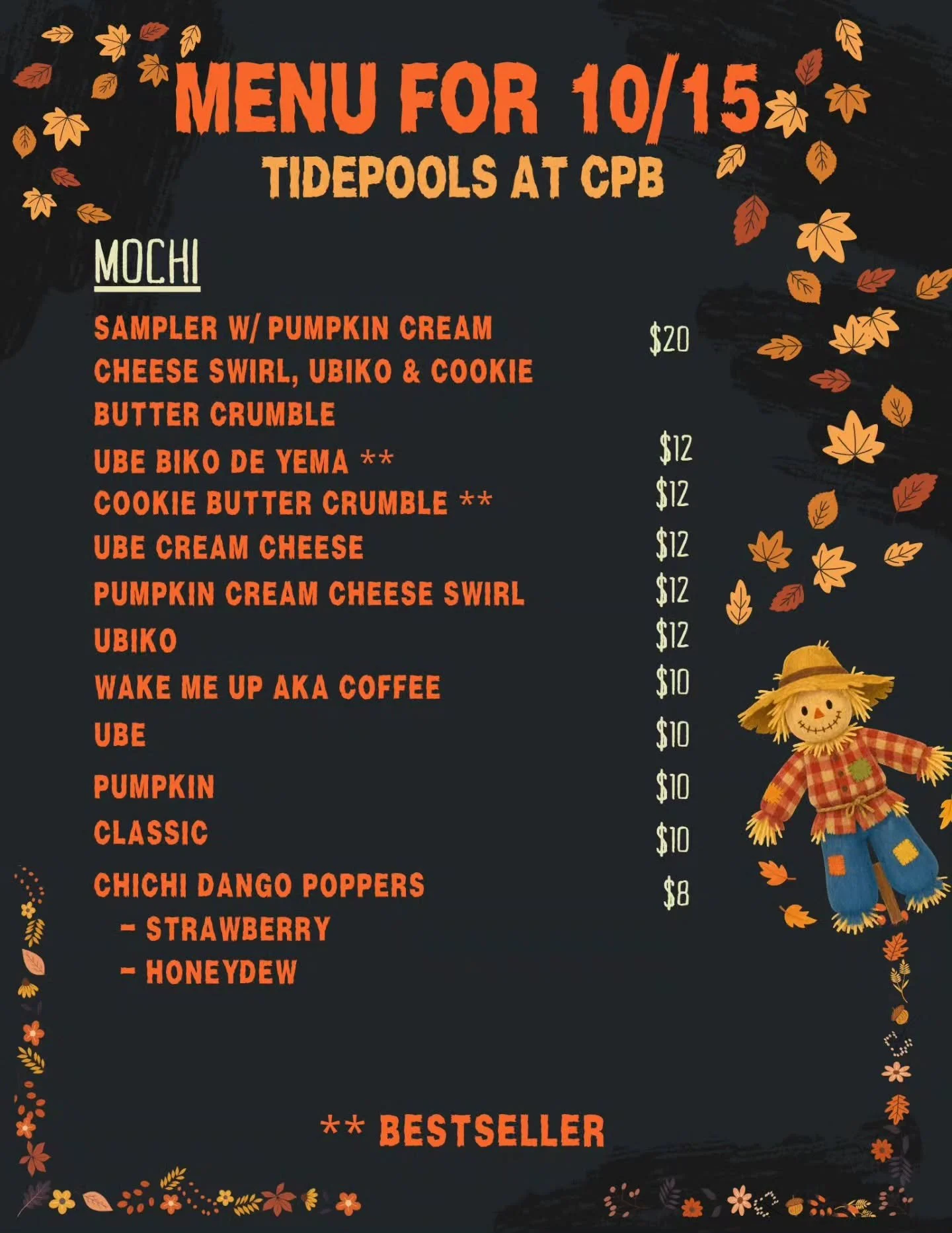 🚨 THE TIDEPOOLS MENU IS HERE, MOCHI MUNCHKINS! 🚨

Pre-orders are OPEN now &mdash; lock in your faves before Thursday! 🙌

🍂 Fall lineup: Pumpkin Cream Cheese Swirl, Pumpkin mochi &amp; Pumpkin crinkles

🍡 Bestsellers: Ube Biko de Yema, Cookie But