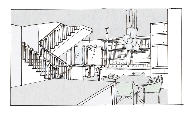 A sketch of the kitchen and staircase