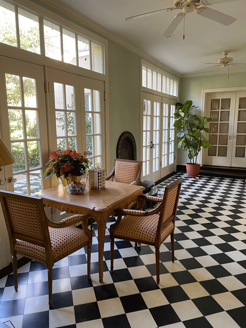 A view of the kitchen with checkered tile