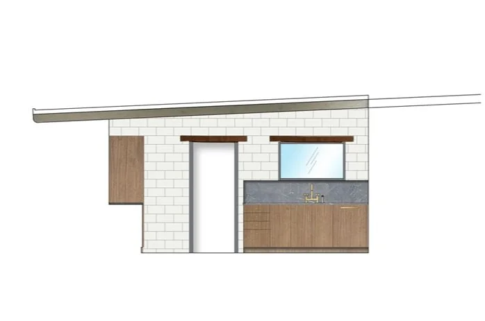 A rendering showing the sink wall and cabinets