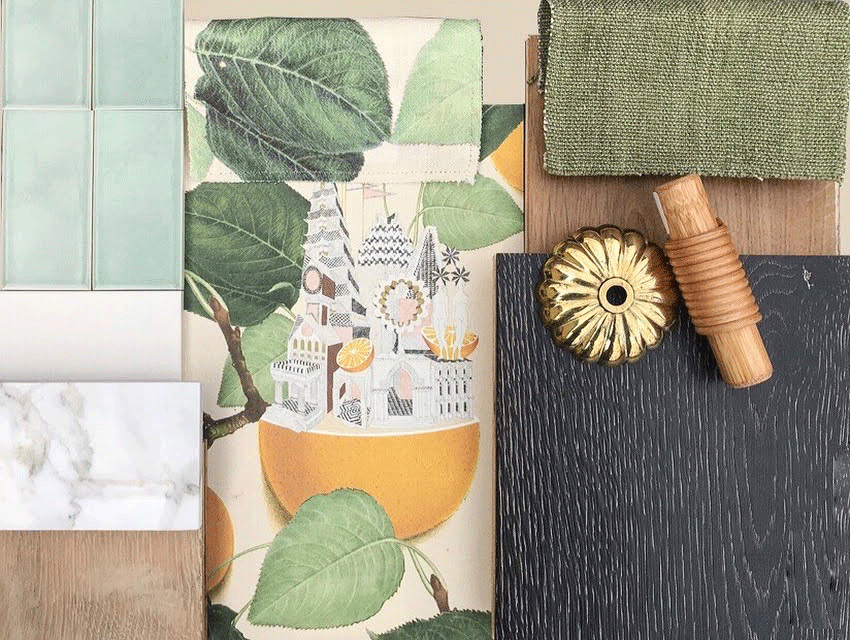 Various finishes and fabric swatches in green, yellow and blue
