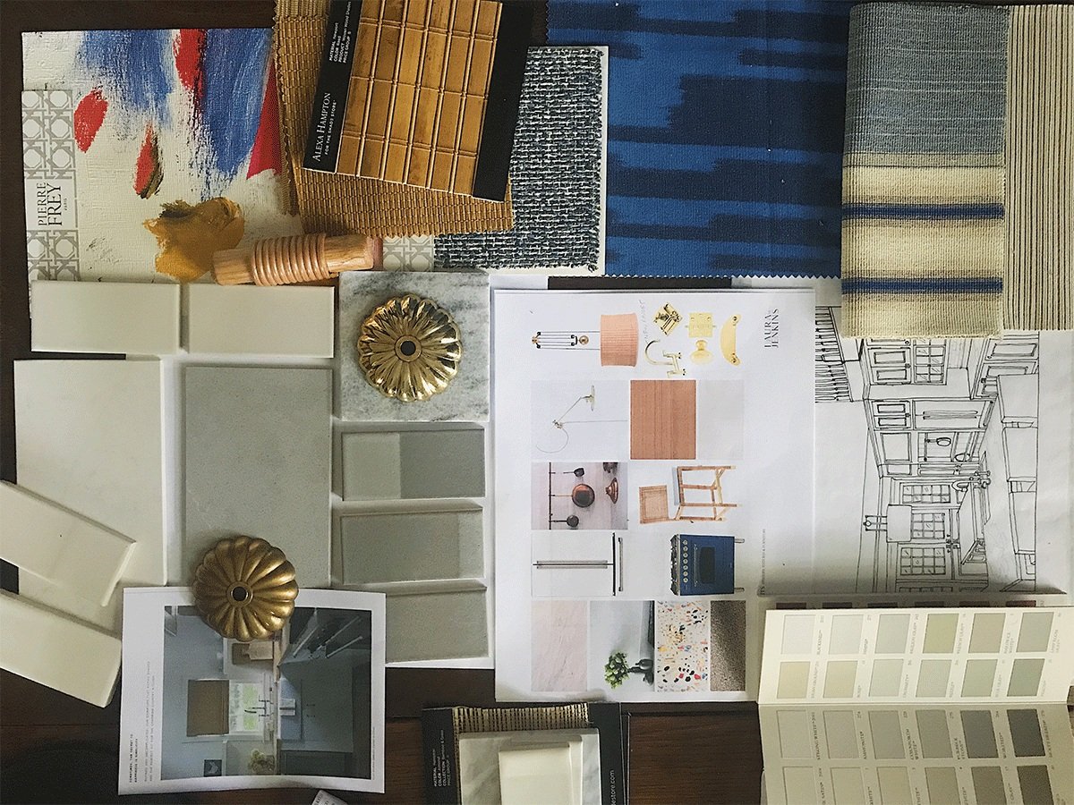 Close up of various swatches, finishes and photos of furniture 