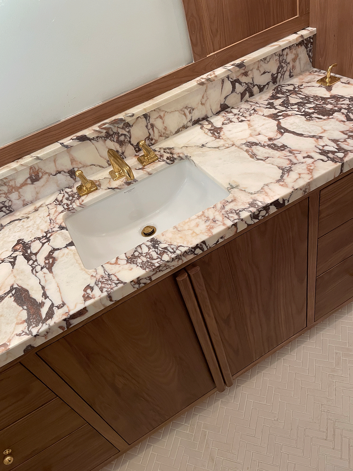 Close up of bathroom counter construction