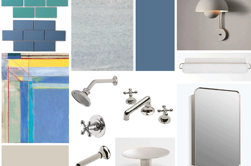 A mood board of various hardware and finishes for a bathroom