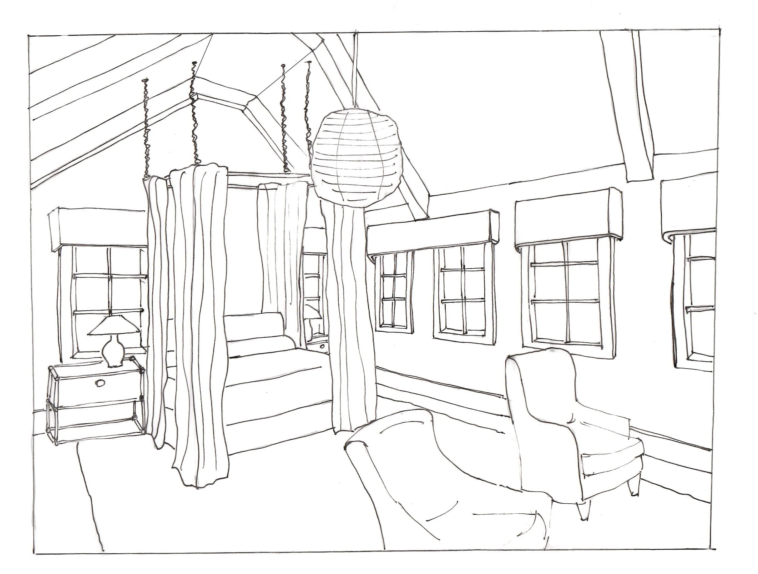 Hand-drawn interior sketch of a bedroom with a canopy bed, drapery, multiple windows, and an upholstered chair.