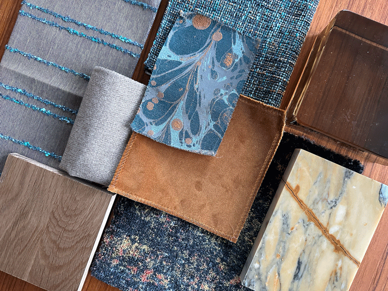 A mood board of swatches and finishes for the game room