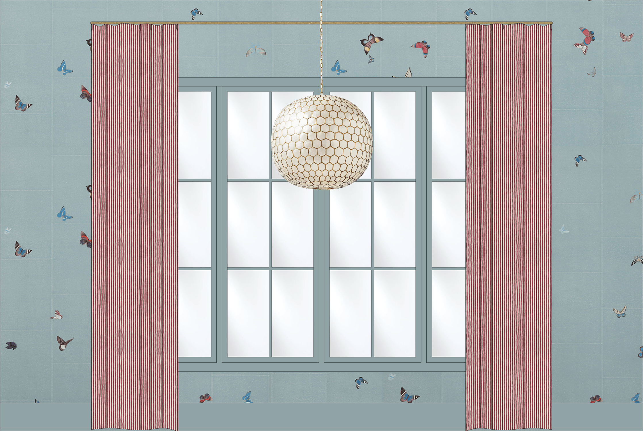 Illustrated dining room wall with a large blue-trimmed window, red striped drapery, a round pendant light, and pale blue butterfly-patterned wallpaper.