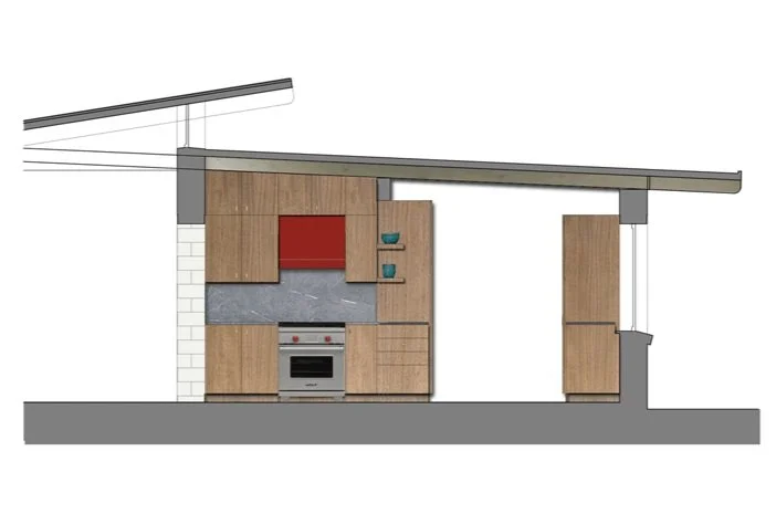 A rendering showing the kitchen stove with a hood and cabinets
