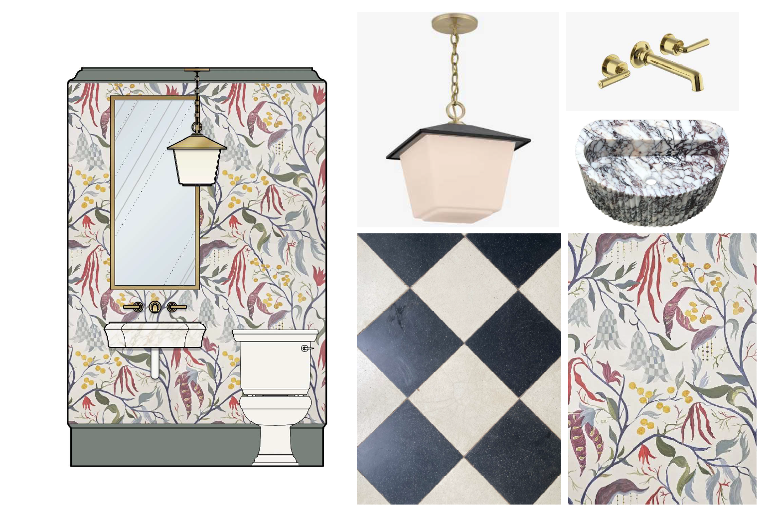 A mood board of hardware, tile, and wallpaper for a powder room