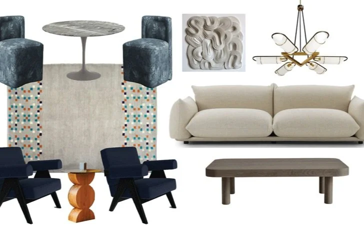 A mood board for with furniture, lighting, art, and rug options