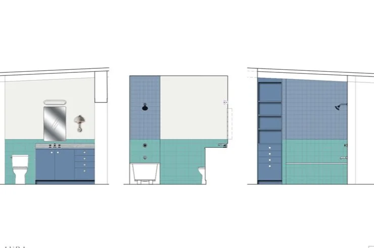 A rendering of a bathroom showing color tiles and placement