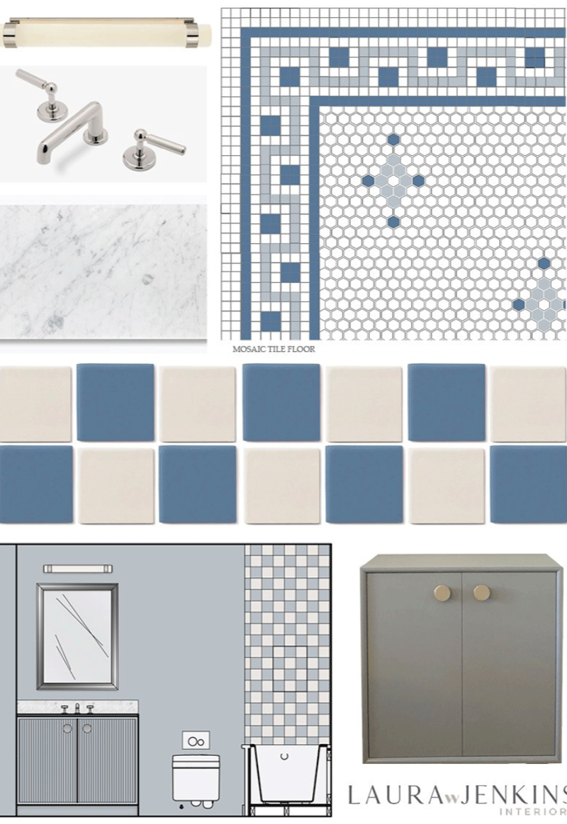 A mood board of tile finishes for a bathroom vanity