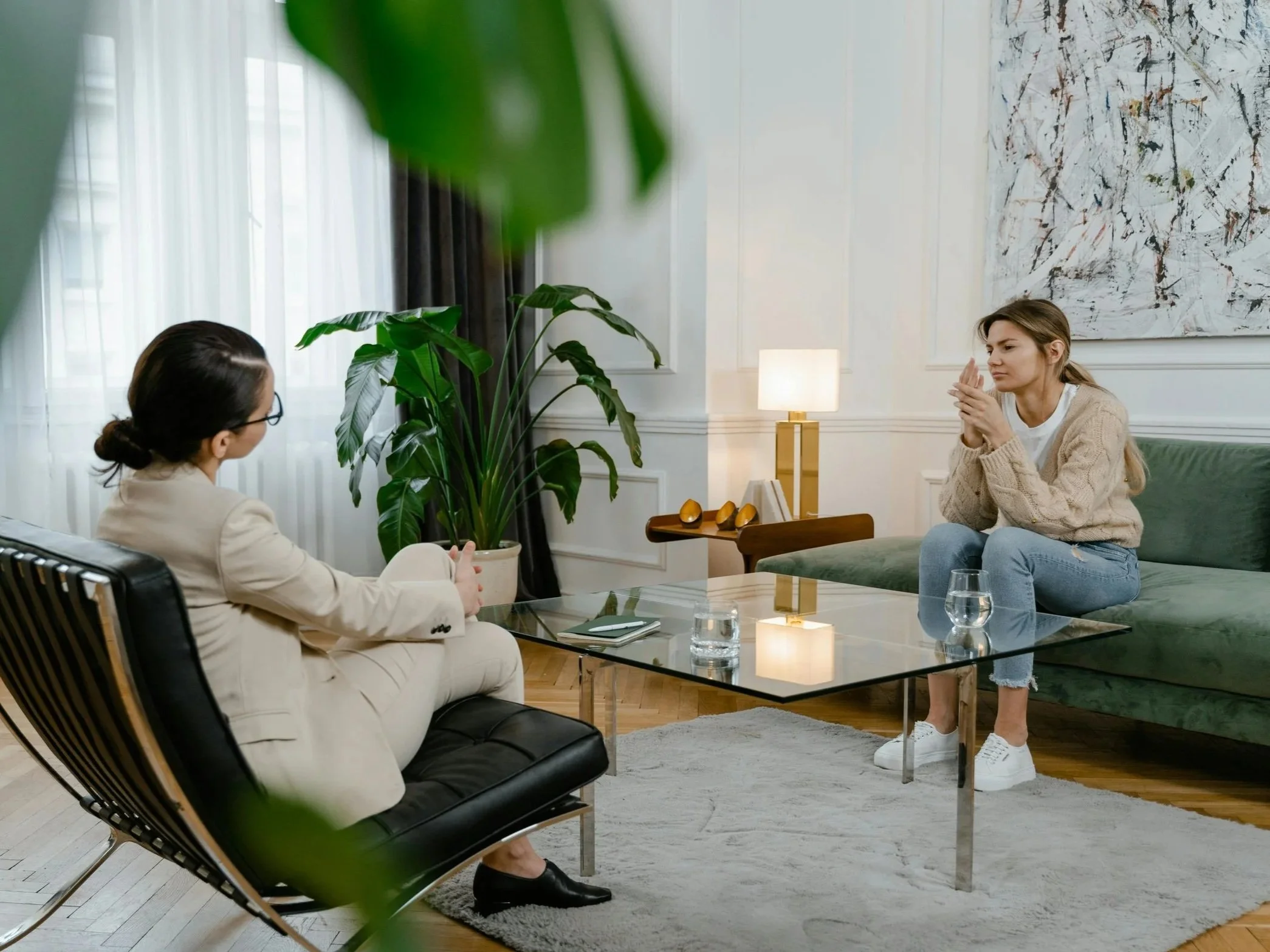 Two women engaged in a conversation in a modern living room. One woman sits on a black chair, wearing a beige suit and glasses, while the other sits on a green velvet sofa, wearing a beige sweater and jeans. A glass coffee table with water glasses and a book is between them, with a large plant, a lamp, and abstract artwork on the wall in the background.