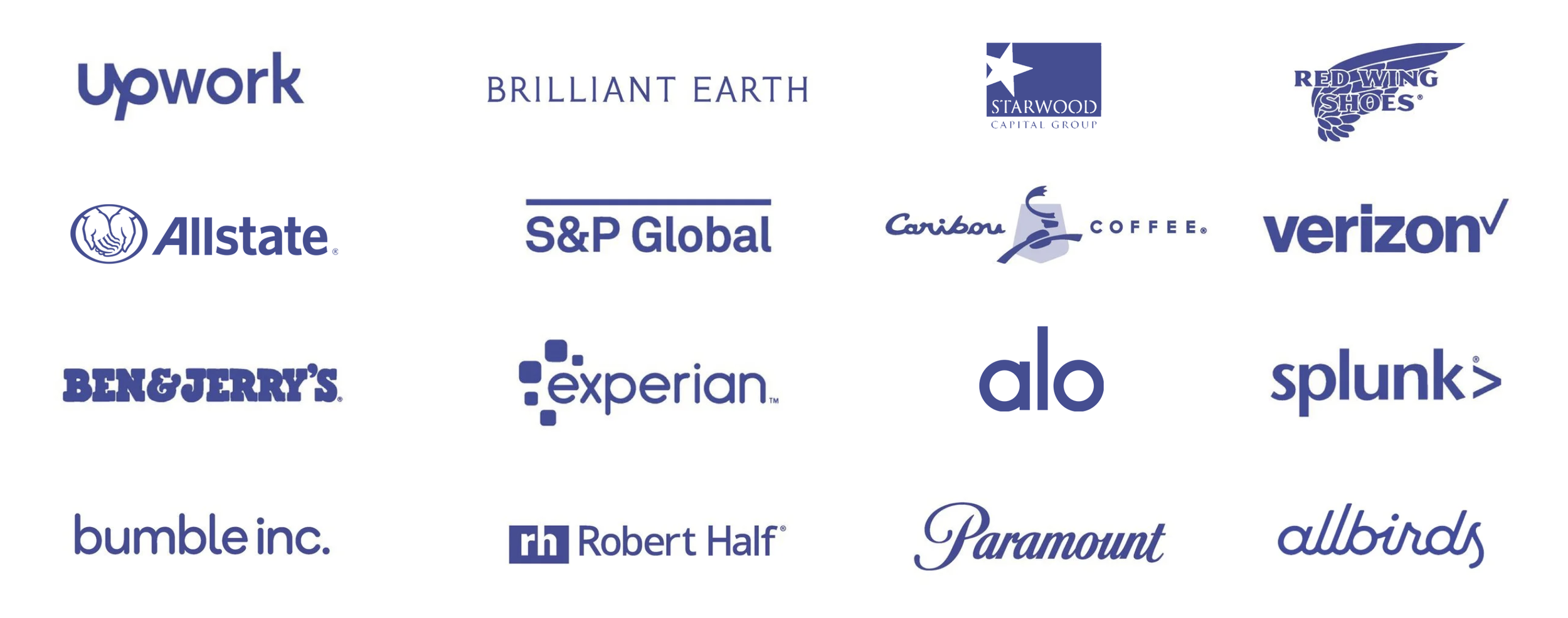 A white background displaying the logos of various companies such as Upwork, Brilliant Earth, Starwood Capital Group, Red Wing Shoes, Allstate, S&P Global, Caribou Coffee, Verizon, Ben & Jerry's, Experian, Al, Splunk, Bumble Inc., Robert Half, Paramount, and Allbirds.