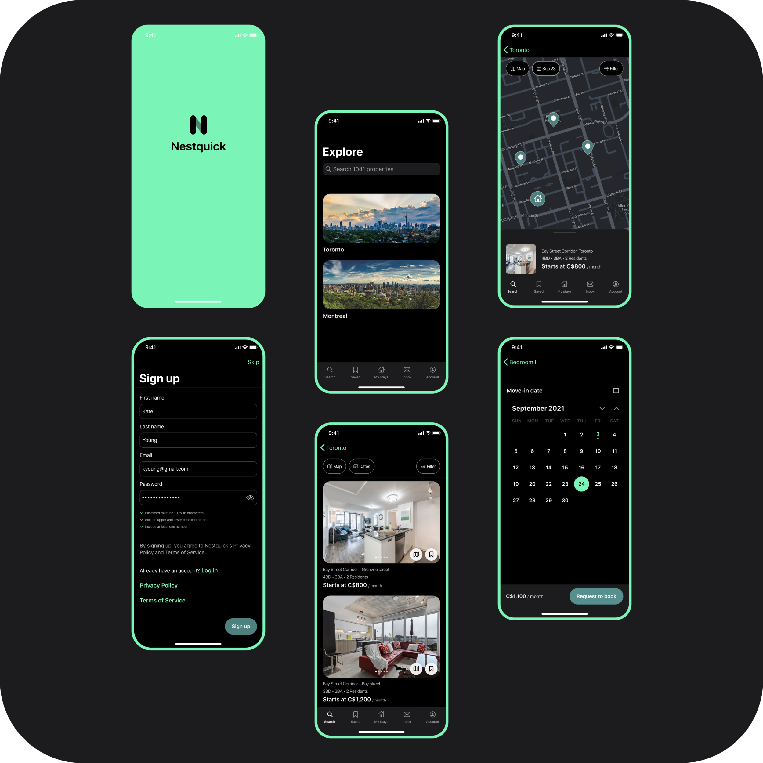 Sample of High-Fidelity Wireframes. Dark Mode