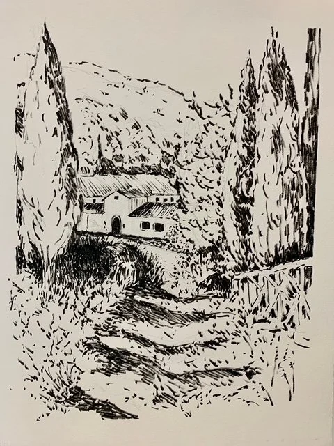 Whispering Cypresses  Brush & ink 24 x 16 inches 2024