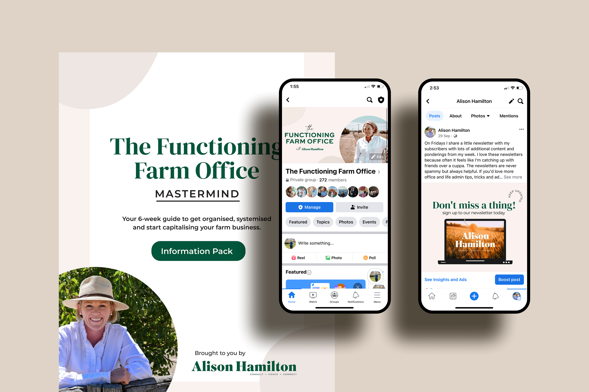 Mastermind program layout design + social asset examples