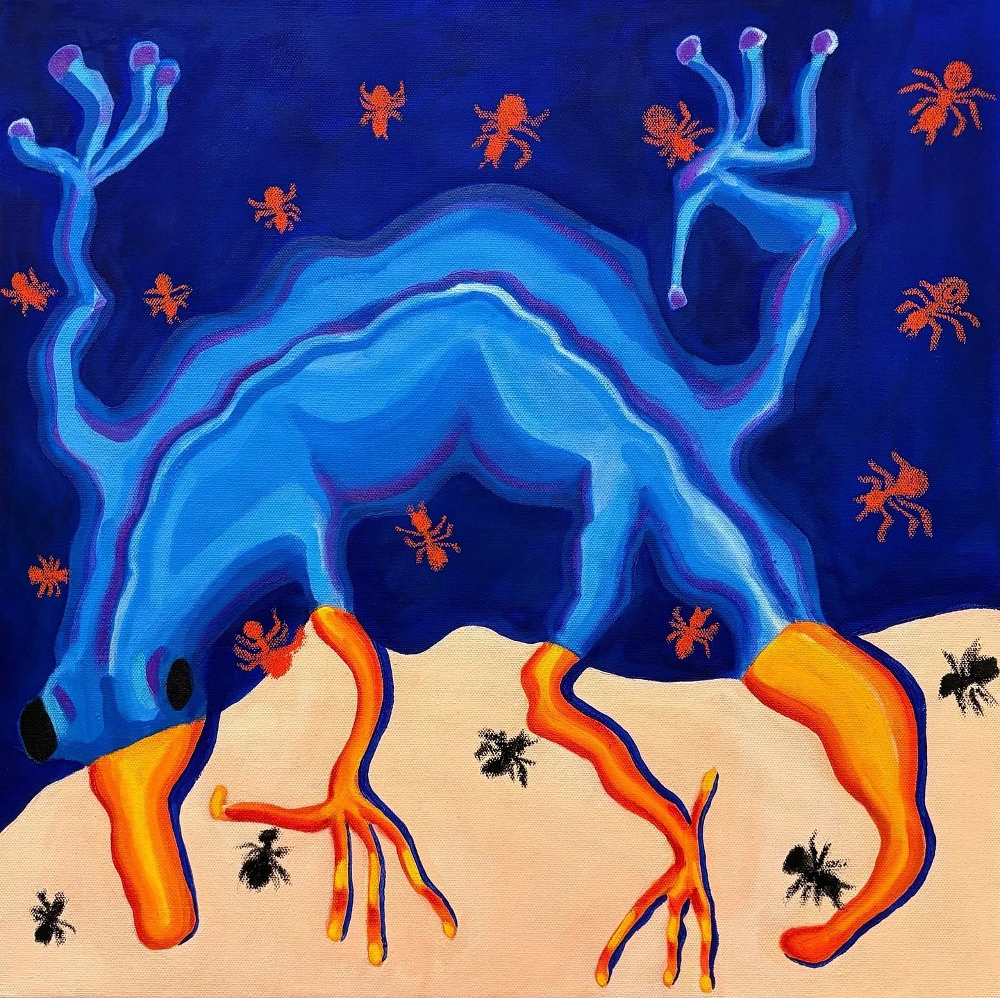 &ldquo;Ant Farm&rdquo; 2024 Oil paint, Oil stick on Canvas
This painting is a homage to two bearded dragons my brother and I only had for one day each when we were very little. Pac Man 1 and Pac Man 2 both died horribly so content warning if you don&