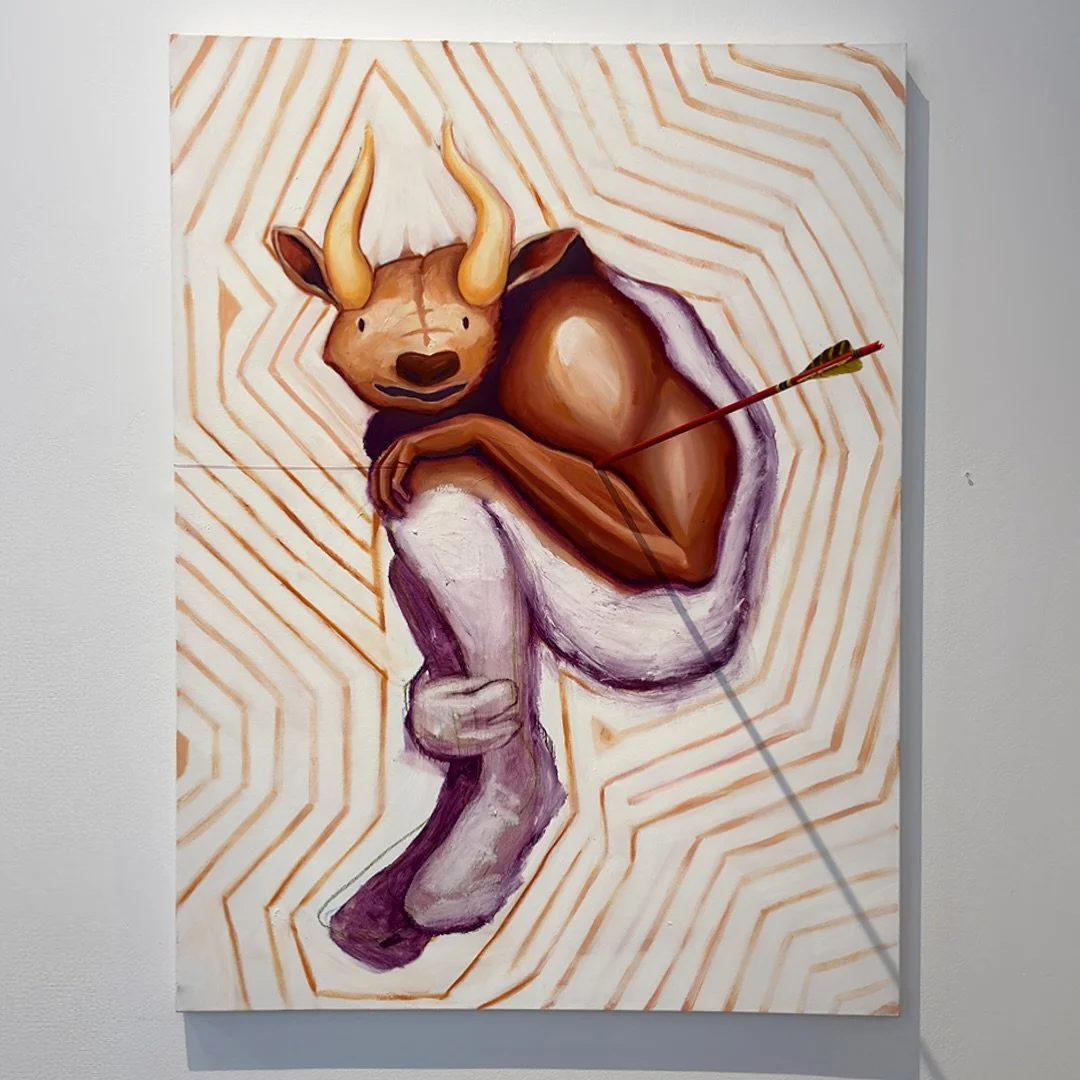 No One Ever Asks to be Born (2025)
Oil on canvas, oil stick, oil pastel, arrow, twine
Shown at Detritivores in the Depths @altogallery 

This piece is inspired by the minotaur from greek mythology, inflicted with existence and born a beast due to cir