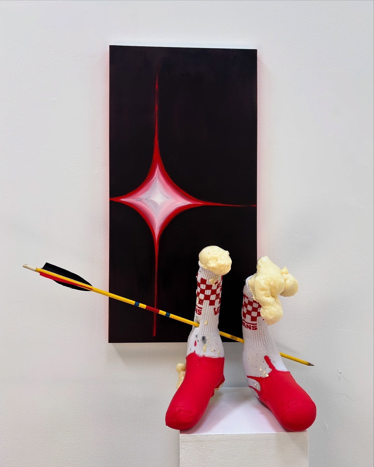 Ode to Quick Healing Injury (2025)
Vans socks, arrow, foam, paint, oil paint on canvas

A collab piece between @waffleconeclub and @rebirah.art 

So grateful for Kyle for letting me play with his foam feets!! I had this piece in my mind for a while b
