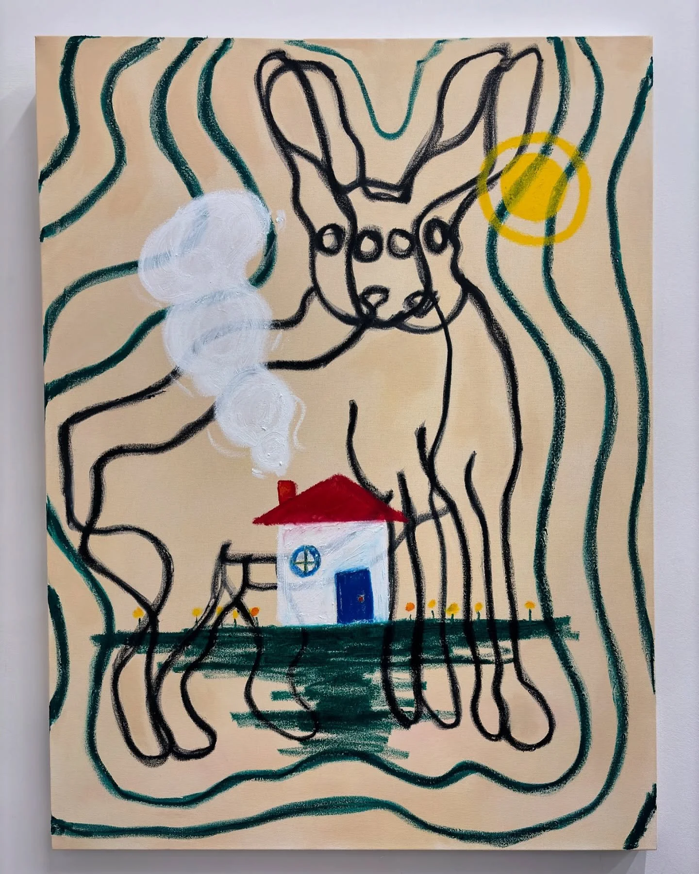 Duplicity - oil, oil stick, on canvas, 2024 🐰 ☀️ 🏠 

This work is about growing up in two very different homes at the same time, and the switching of the self between homes. My parents were separated before I could remember anything. So, to me, the