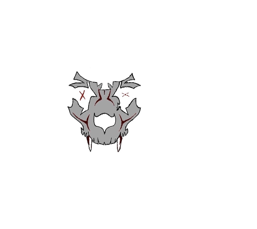 Abstract drawing of a gray, horned creature with red markings on a white background.