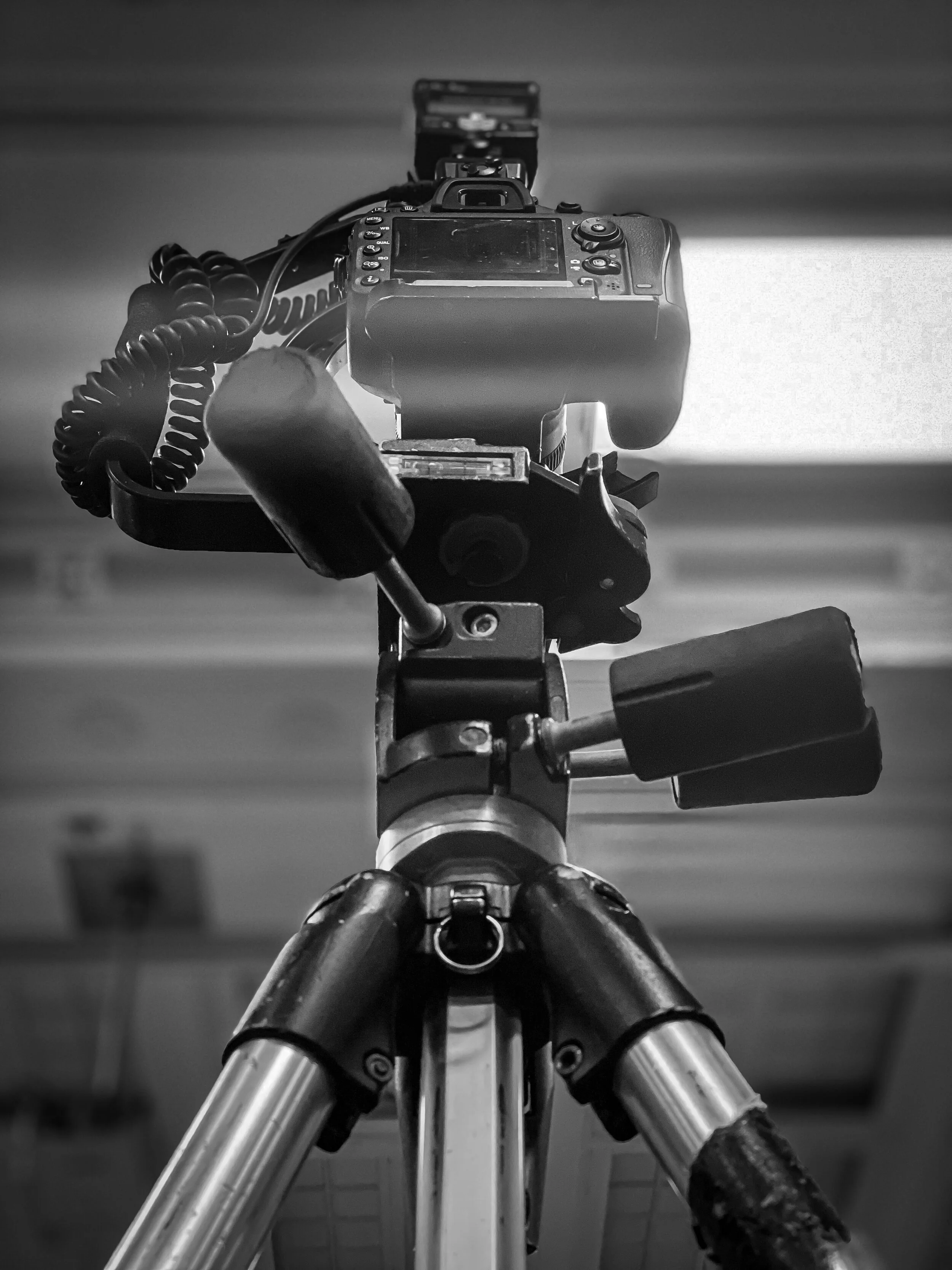 Black and white photo of a DSLR camera mounted on a tripod with a coiled cable