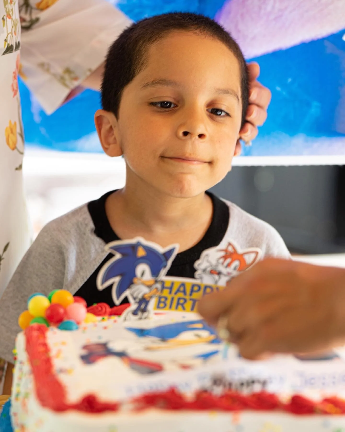 Young boy at a birthday party with a Sonic the Hedgehog-themed cake.