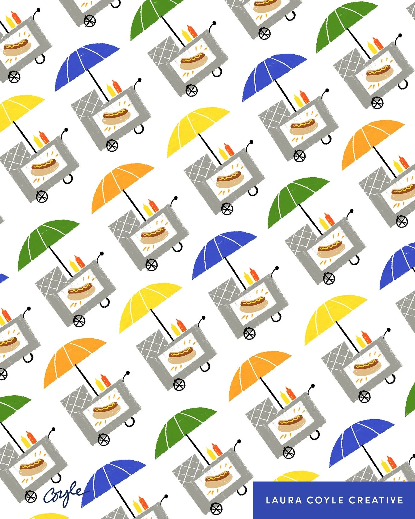 Hot dog cart pattern (made in Fresco + Photoshop).
NYC museum marathon fuel. Hot dog &gt; fancy caf&eacute; (most days). Dreaming of ✈️ #pattern #hotdogcart