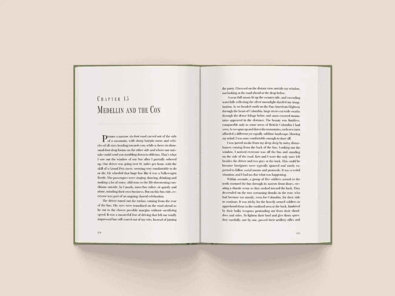 Open book displaying chapter 15 titled 'Medellin and the Con' on cream-colored background, which was typeset by Canadian Self-Publishing company, Foglio.