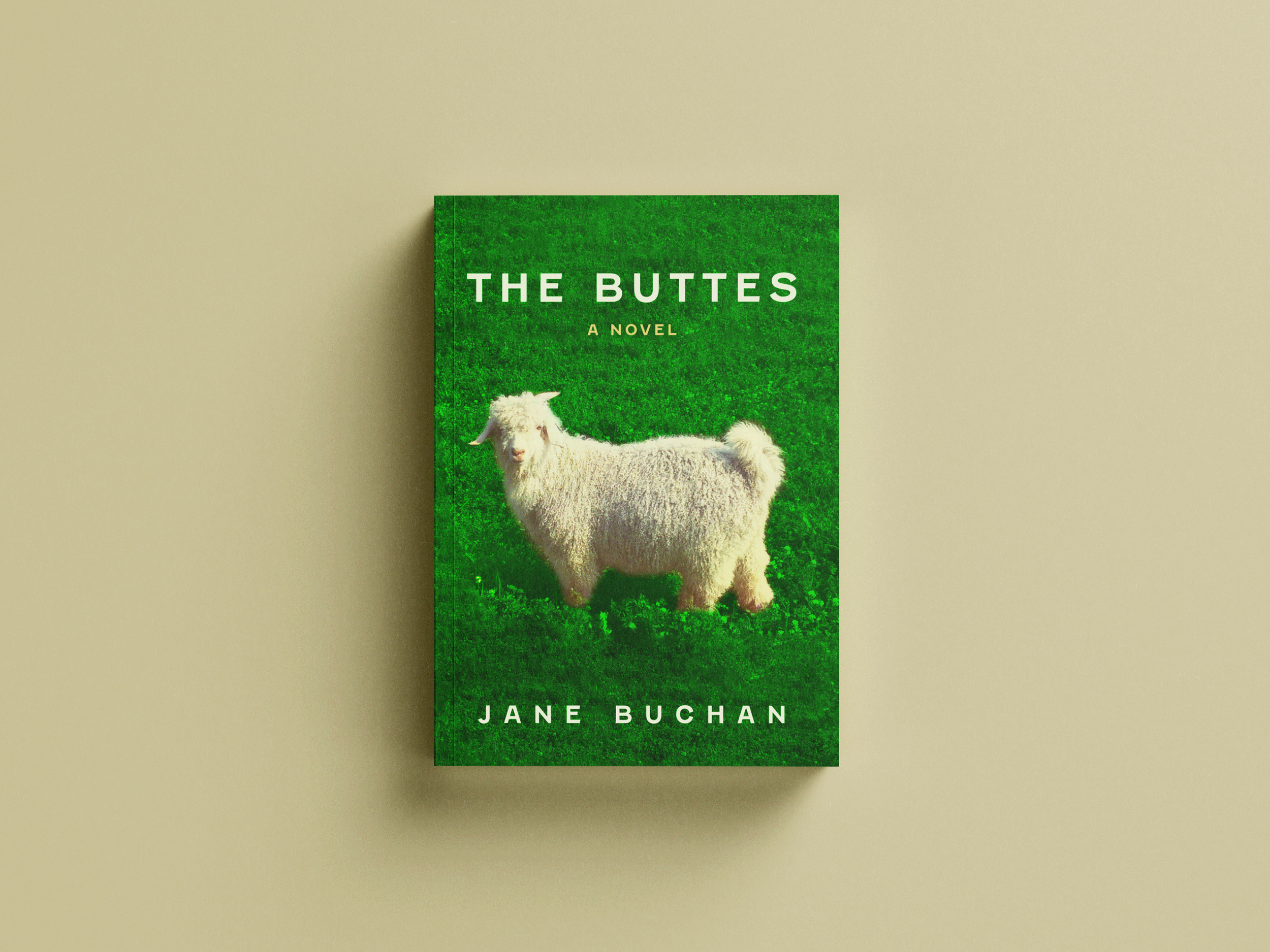 Book cover titled "The Buttes" by Jane Buchan, featuring a white goat standing on green grass after the cover design was created by Foglio Publishing