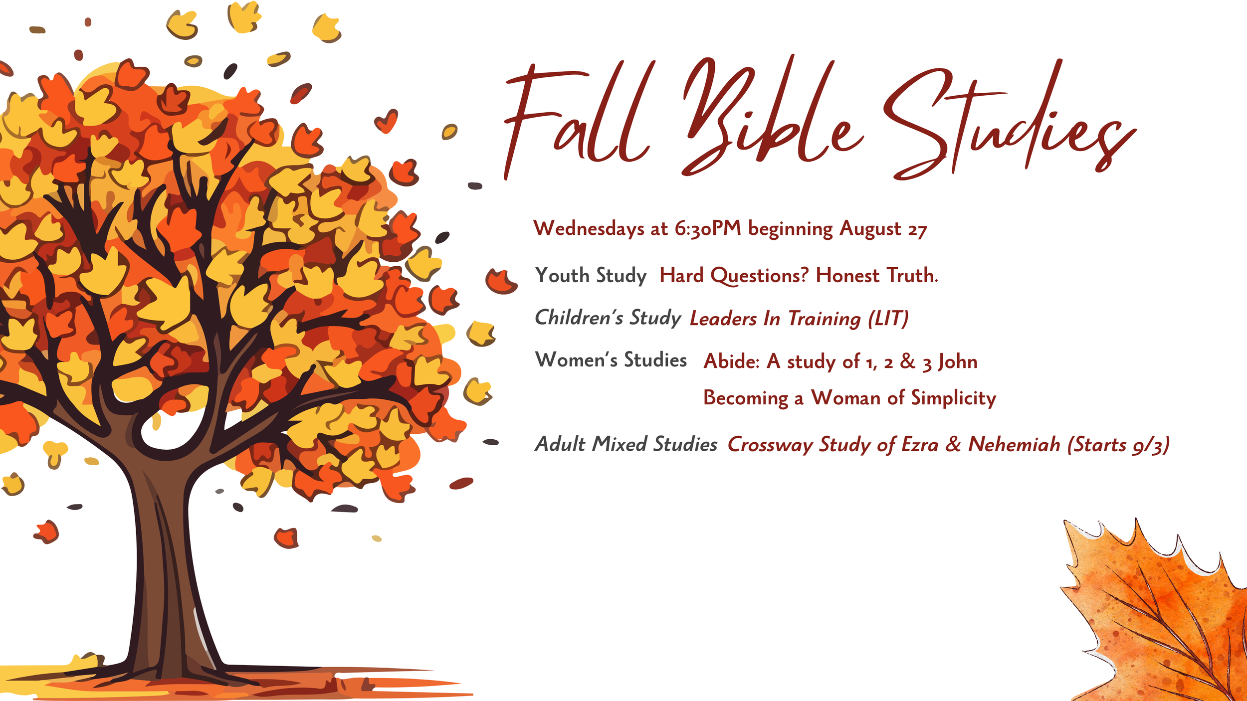 Wednesday Night Fall Bible Studies Begin