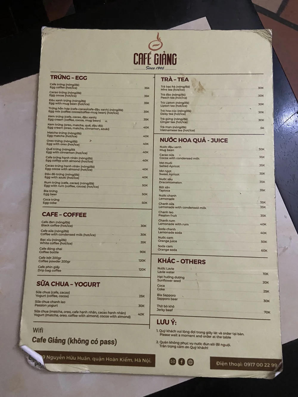 CAFÉ GIẢNG Menu (HANOI VIETNAM)