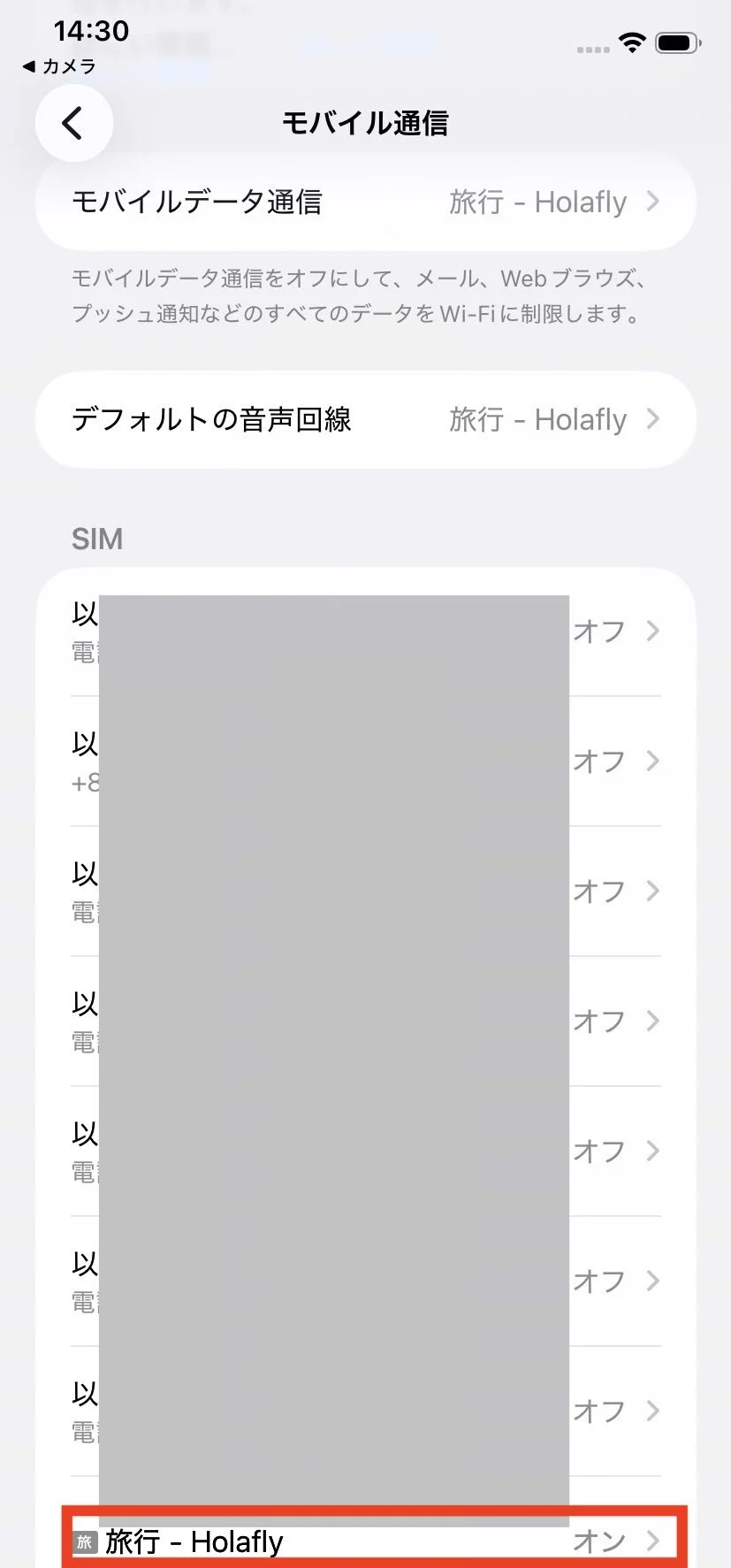 iPhoneのモバイル通信画面でHolafly eSIMが追加されている確認画面