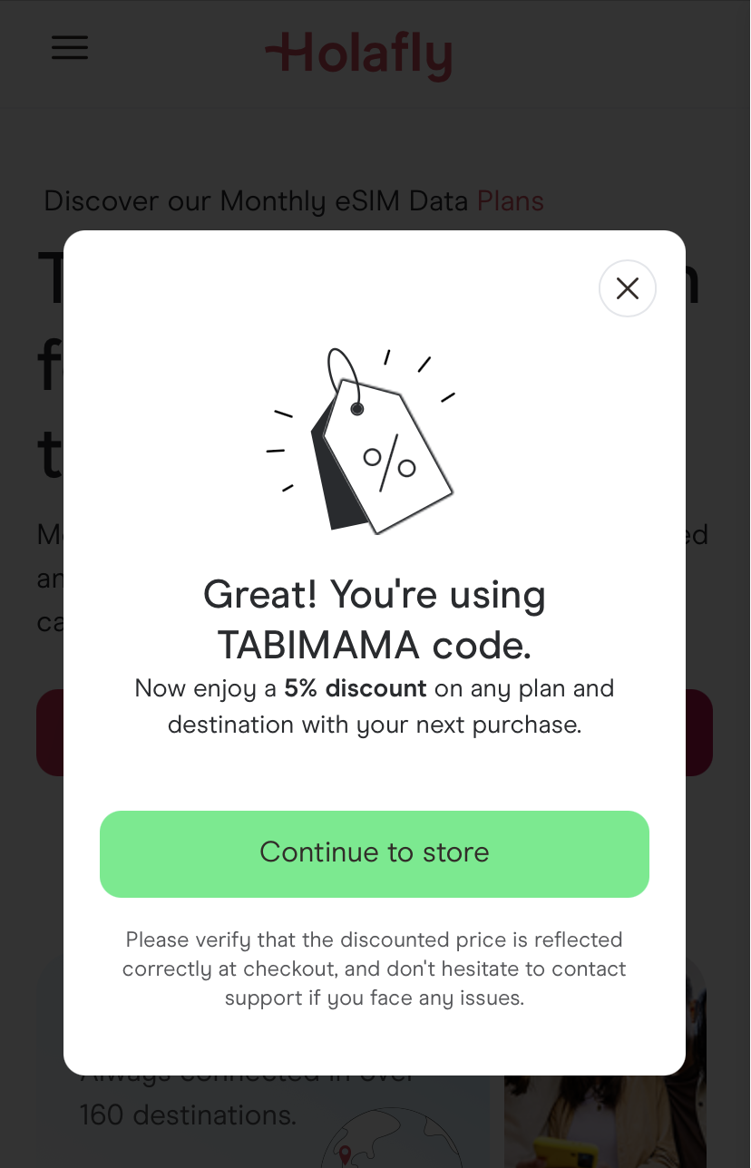 Holafly eSIM pop-up notification showing the TABIMAMA discount code with 5% off the Destination plan (1–90 days)