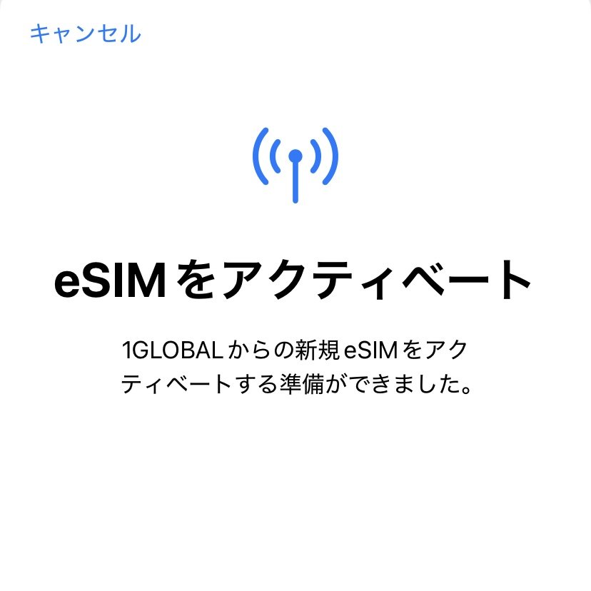 Screen confirming activation of a new eSIM from 1GLOBAL, with a Wi-Fi icon and Japanese text.