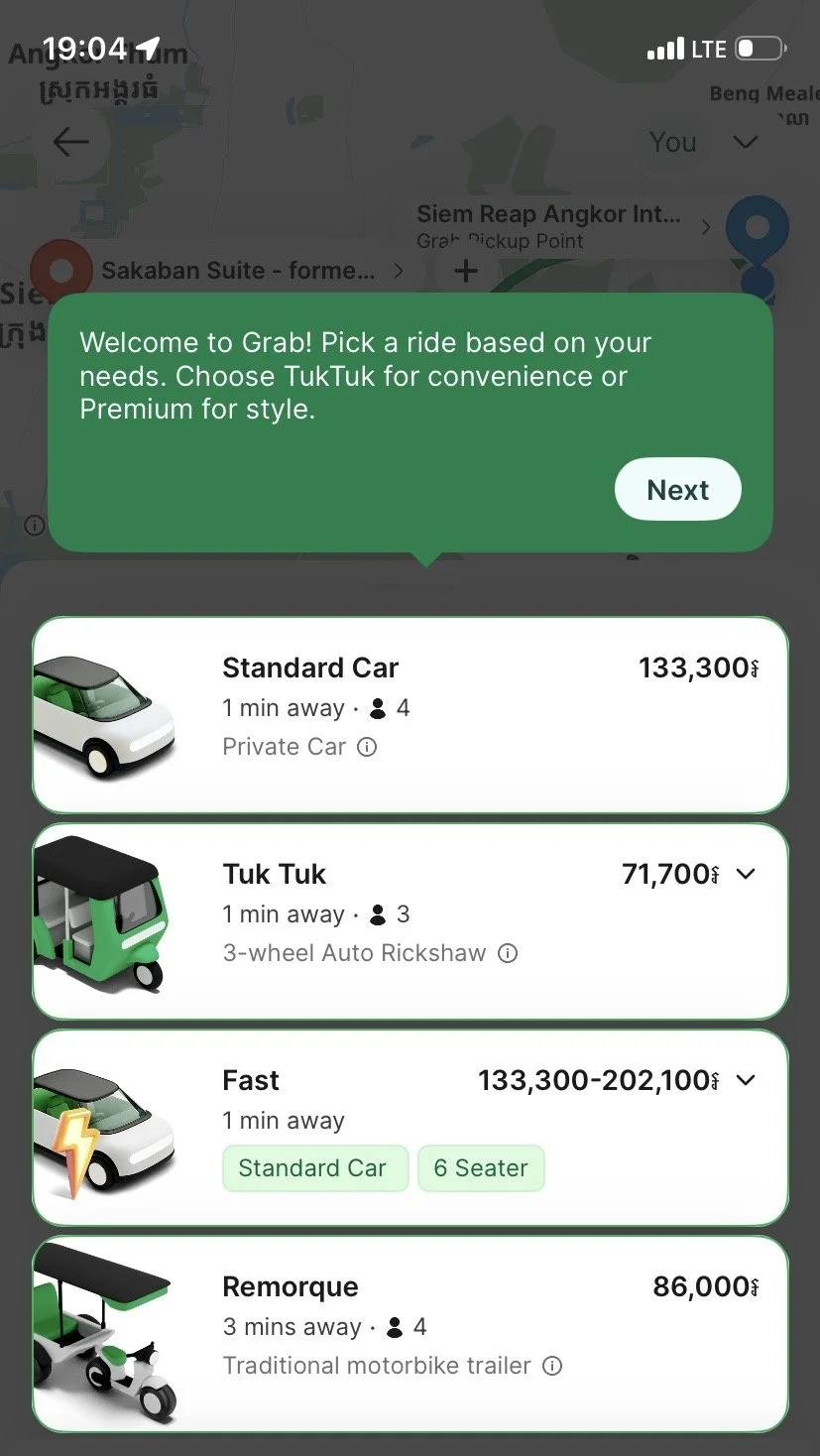カンボジア・シェムリアップ空港到着後、Holafly eSIMでGrabを検索した画面
