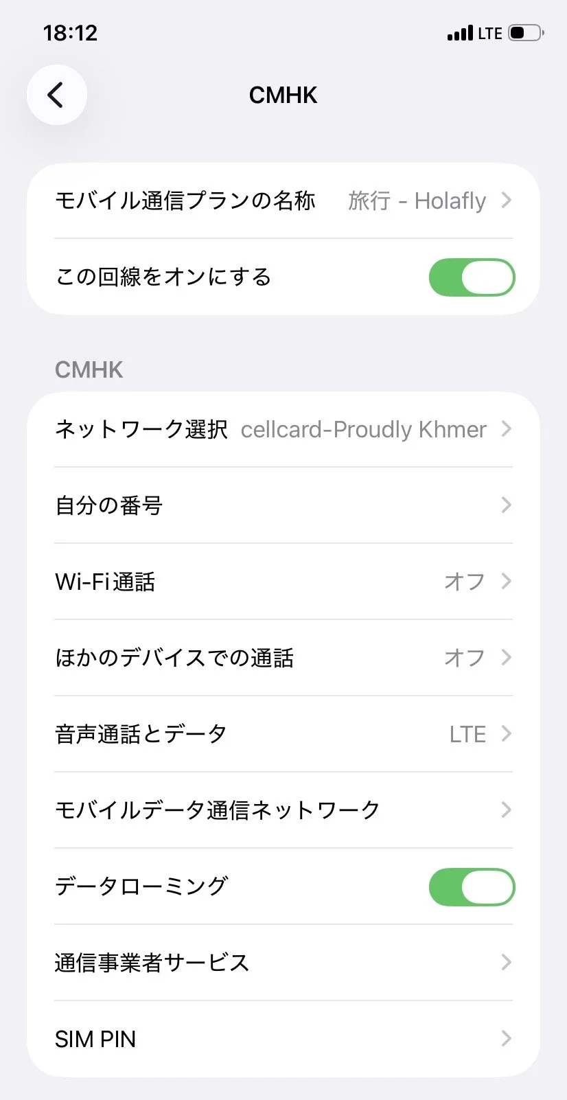 iPhoneでHolafly eSIMのデータローミングをオンにする画面