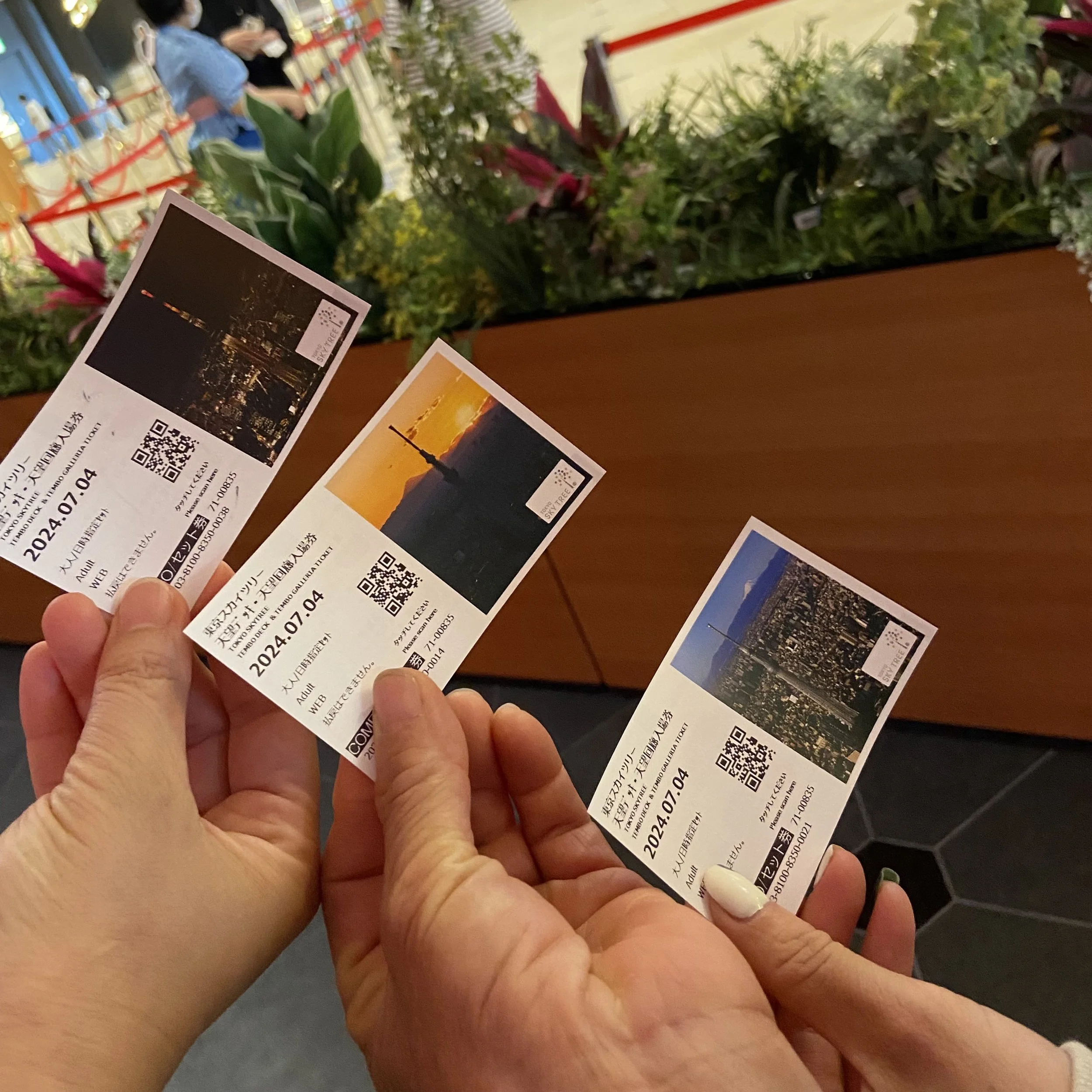 東京スカイツリーの入場券3人分。昼間・日没・夜景それぞれ異なるデザインのチケット