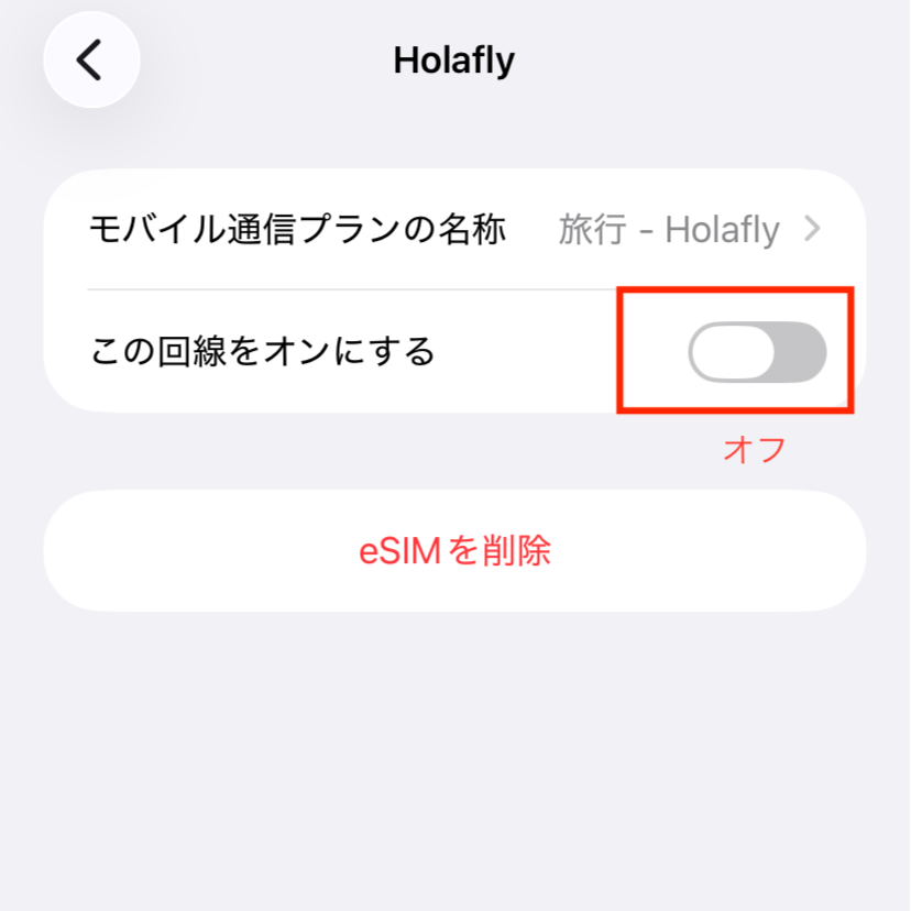iPhoneでHolafly eSIMのこの回線をオンにする設定をオフにしている画面