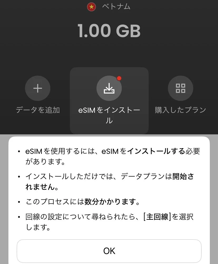 A phone screen showing the process of installing an eSIM, with instructions in Japanese and options for adding data or purchasing a plan. The screen displays 1.00 GB of data and the Vietnamese flag at the top.