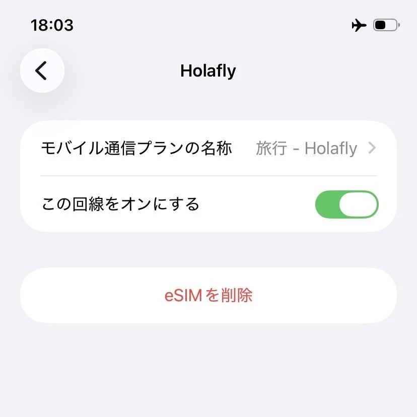 iPhoneでHolafly eSIMの回線をオンにする設定画面