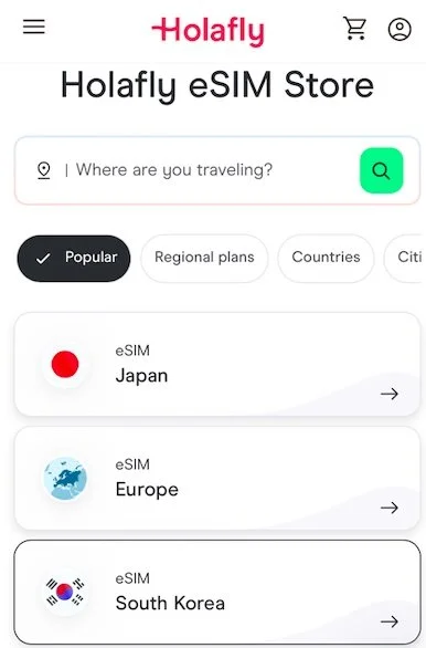 Holafly eSIM store showing day-based plans for different destinations