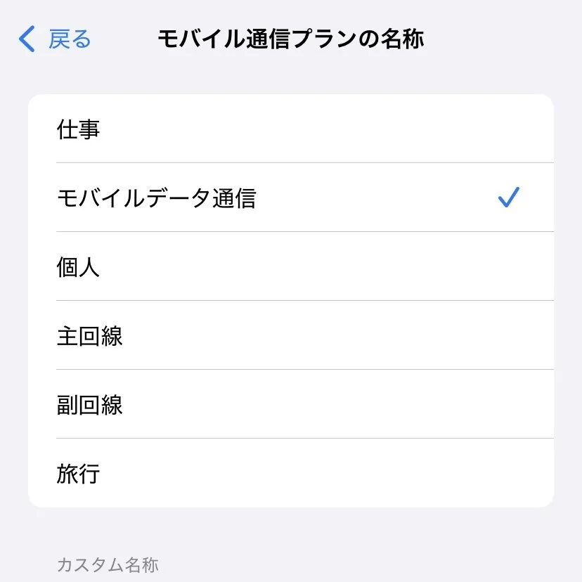 Screenshot of a mobile device settings menu in Japanese, showing options for different mobile plan names, with the 'Mobile Data Communication' plan selected.