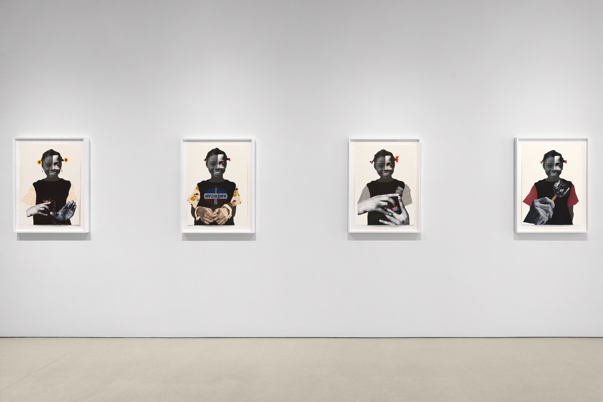  Installation view of  Deborah Roberts: Consequences of being  at The FLAG Art Foundation, 2026  Photography by Steven Probert Studio