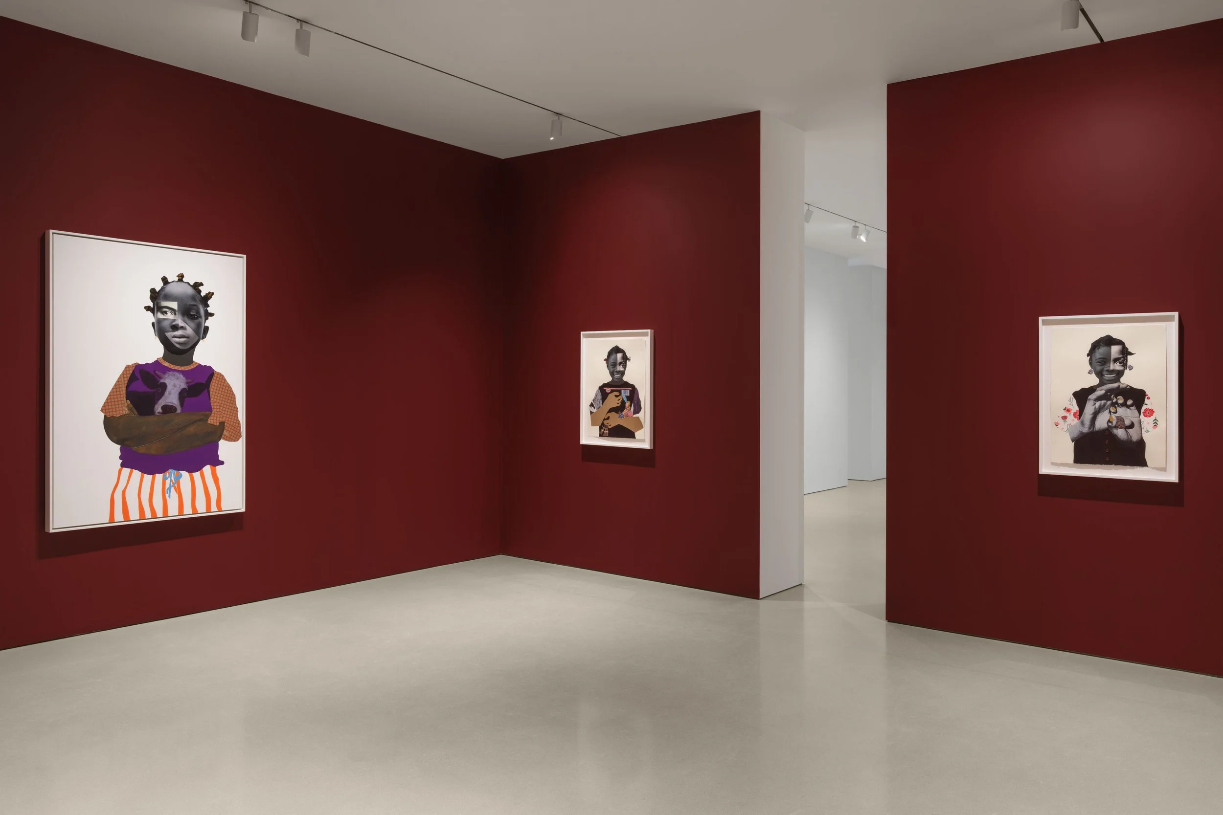  Installation view of  Deborah Roberts: Consequences of being  at The FLAG Art Foundation, 2026  Photography by Steven Probert Studio