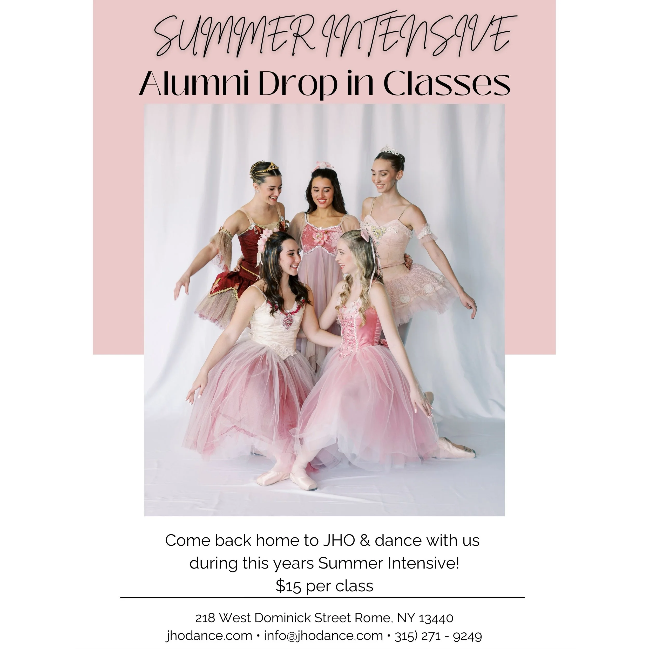 Calling all JHO Alumni! ✨

Come back home to JHO this summer and join us during our Summer Intensive by taking advantage of our Alumni Drop-In Classes! 🩰💙

Whether you&rsquo;re home for the summer or just looking to get back in the studio, we&rsquo