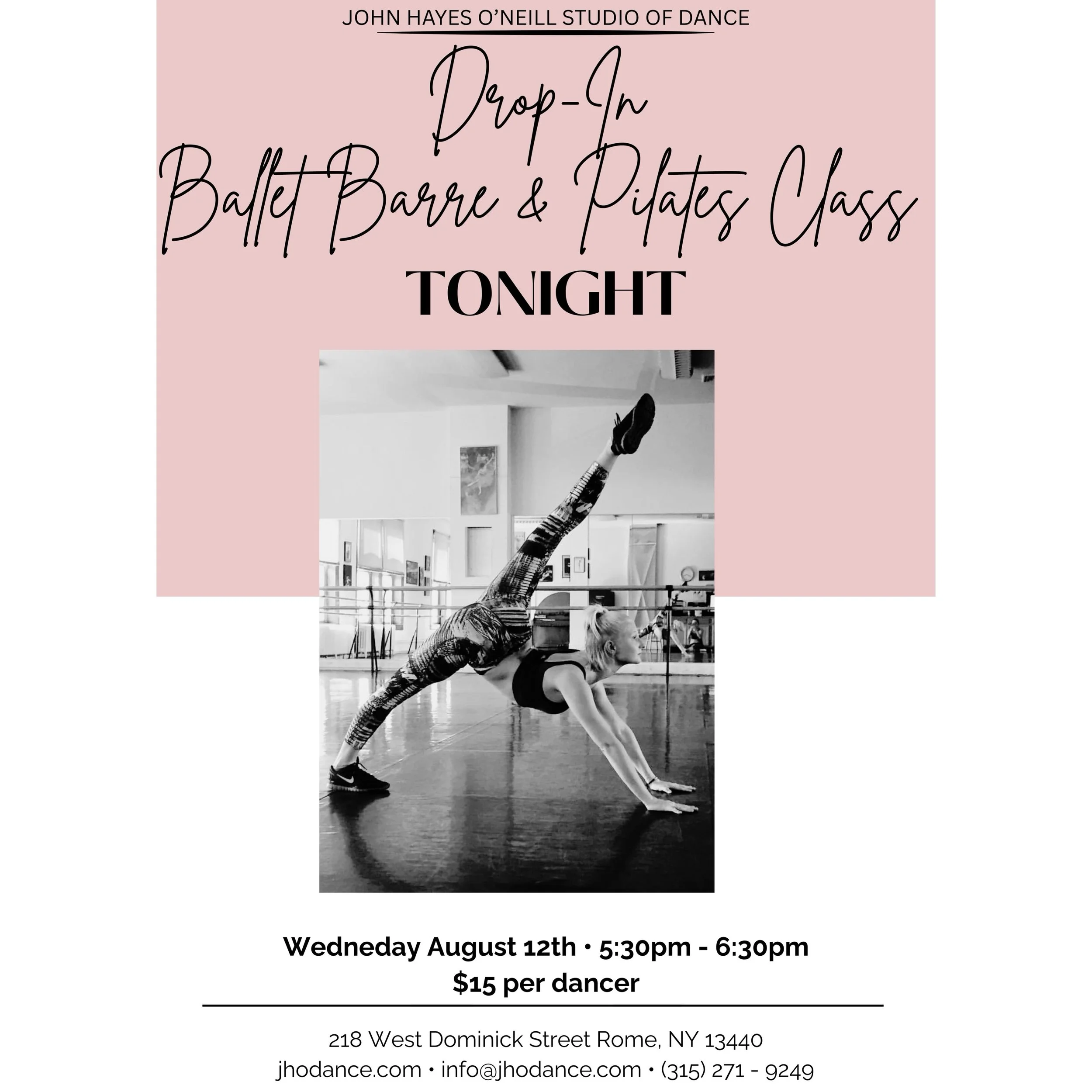 TONIGHT! 🩰✨ Come move, stretch &amp; sweat with us!

Join Leyla for Ballet Barre &amp; Pilates at John Hayes O&rsquo;Neill Studio of Dance 🤍

📅 Wednesday, August 12th
⏰ 5:30&ndash;6:30 PM
💲 $15 per person
📍 218 West Dominick Street &bull; Rome, 