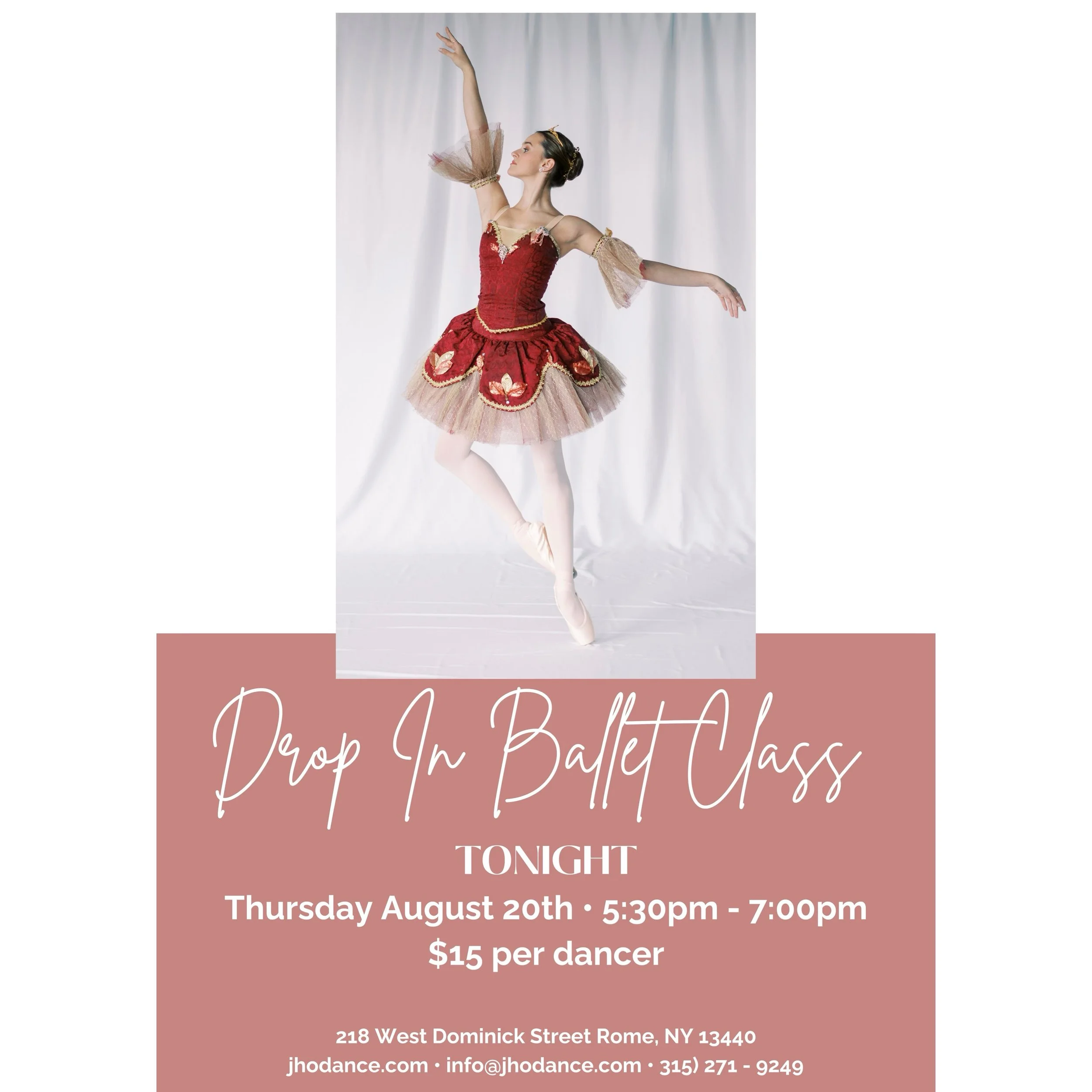🩰 DROP-IN BALLET CLASS TONIGHT! 🩰

Come dance with us at John Hayes O&rsquo;Neill Studio of Dance! ✨

TONIGHT &bull; Tuesday, August 18
⏰ 5:30&ndash;7:00 PM
💲15 per dancer
📍 218 West Dominick Street &bull; Rome, NY

Come ready to dance, sweat &am
