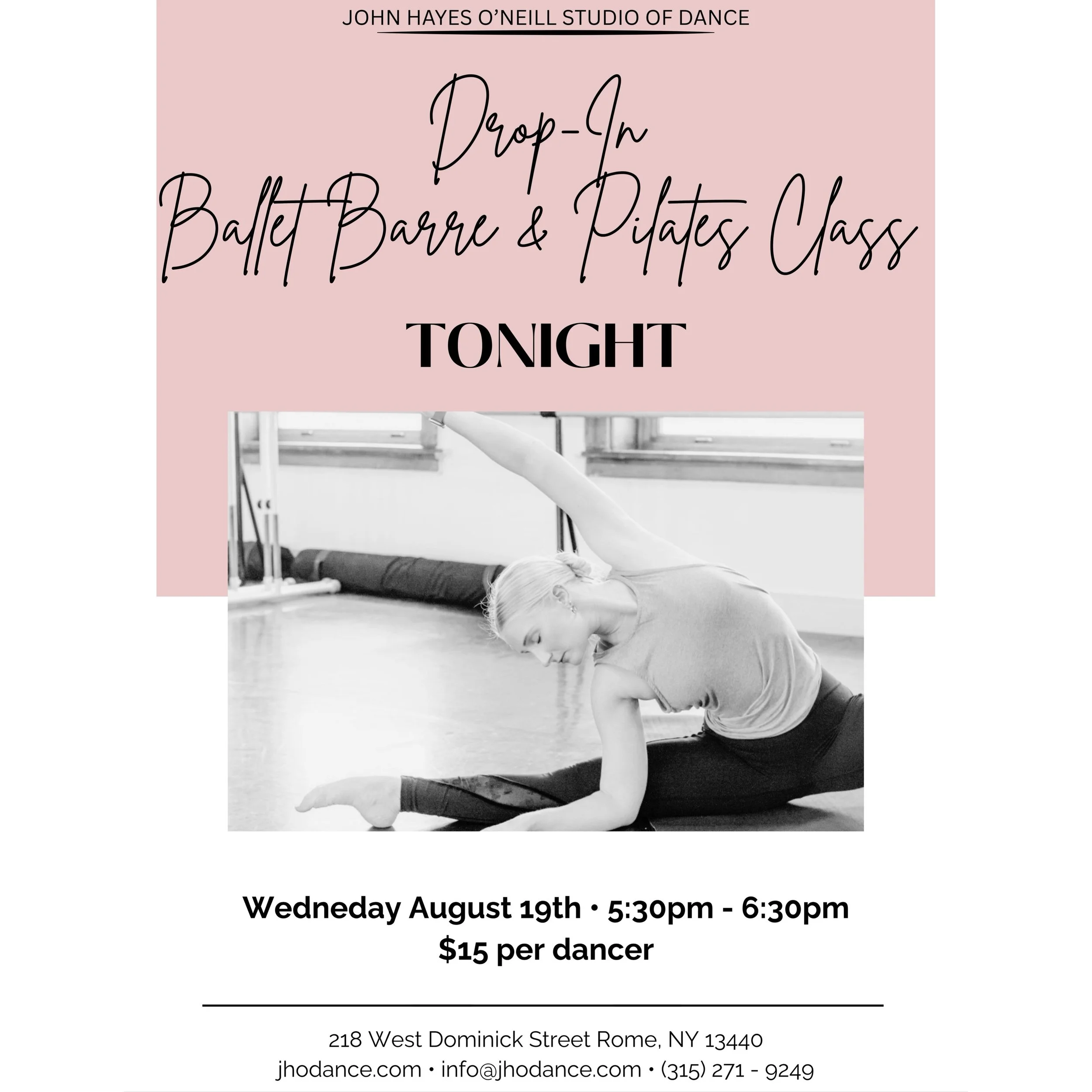 TONIGHT! 🩰✨ Come move, stretch &amp; sweat with us!

Join Leyla for Ballet Barre &amp; Pilates at John Hayes O&rsquo;Neill Studio of Dance 🤍 Open to adults 18+ and all JHO advanced students!

📅 Wednesday, August 19th
⏰ 5:30&ndash;6:30 PM
💲 $15 pe